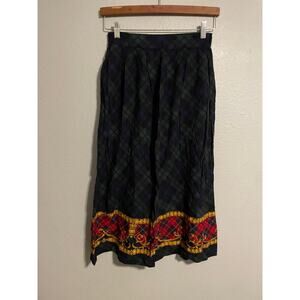Vintage Womens Maxi Skirt Size 10 Green Plaid Baroque Print Pleated Academia 90s